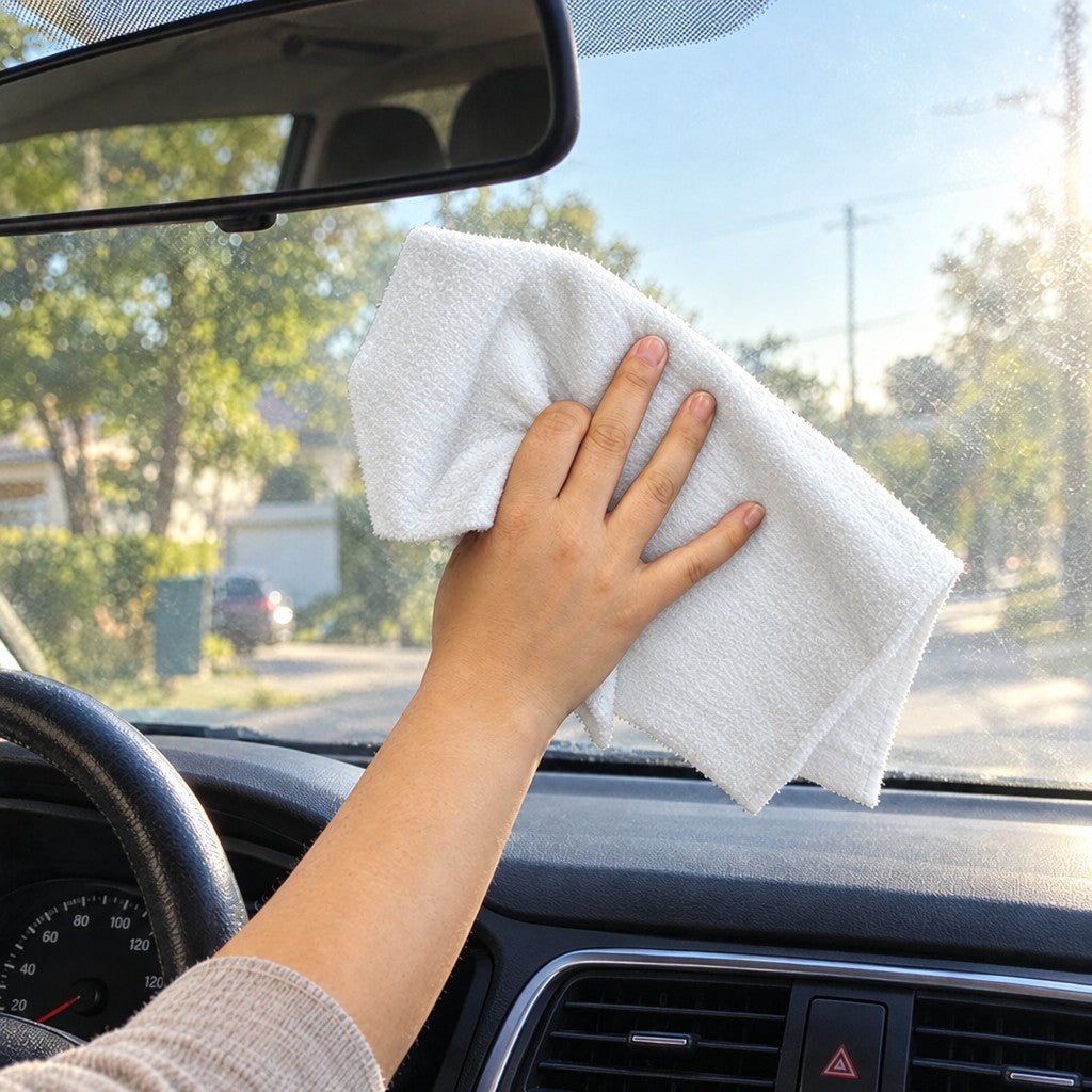 White XXL cloth wiping the inside of a car windshield